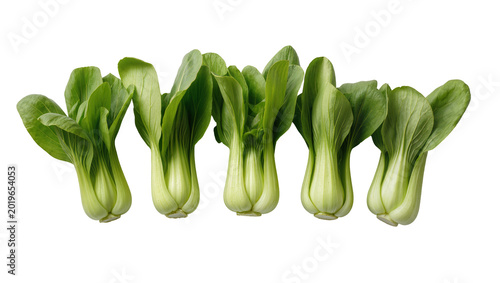 Five fresh bok choy vegetables with vibrant green leaves, isolated on transparent background