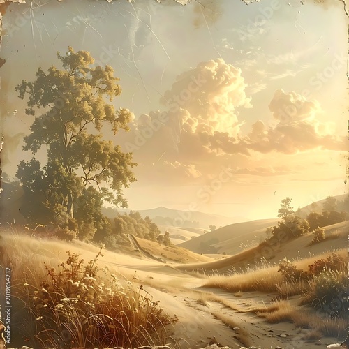 Serene landscape with tree and hills.