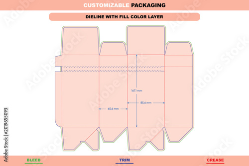 Custom tuck end box dieline template with pink fill color, featuring green bleed, blue trim, and red crease lines with measurement dimensions