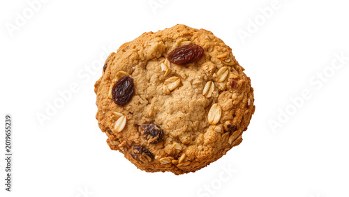 Bild auf Leinwand Golden brown oatmeal raisin cookie with visible oats and raisins, isolated on tr