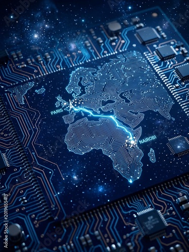 Digital circuit board with glowing map of Europe and Africa connected by blue lightning bolt between Paris and Nairobi, African tech connectivity concept, cosmic dark background