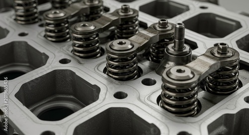 Close-up of mechanical engine valve springs and rockers.