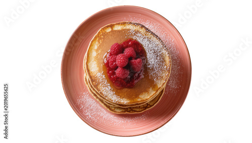 Stack of golden pancakes with fresh raspberries and syrup dusted with powdered sugar, isolated on transparent background