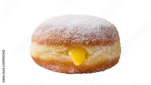 Canvastavla Fluffy round donut filled with bright yellow custard dusted with powdered sugar,