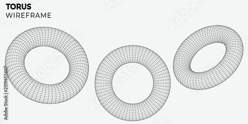 Obraz na plátně Abstract 3D torus wireframe model with black mesh lines on a white background