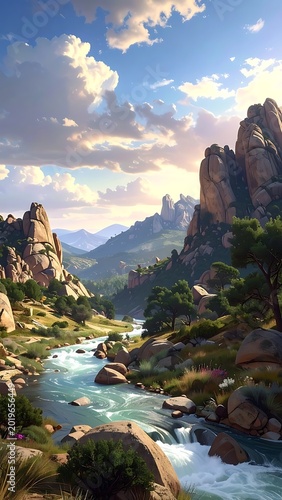 Serene mountain landscape with flowing river.