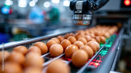 Brown eggs moving along an automated conveyor in a modern food processing plant during production