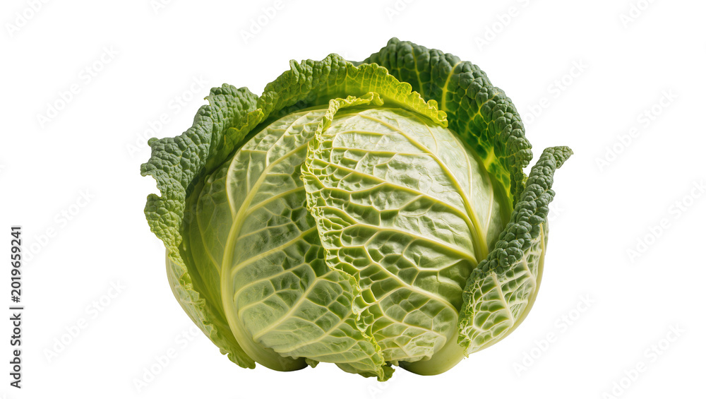 Fototapeta premium Savoy cabbage with crinkled green leaves, isolated on transparent background
