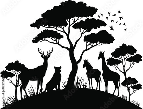 Canvas Print African savanna wildlife silhouette vector illustration with deer, bear, horse a