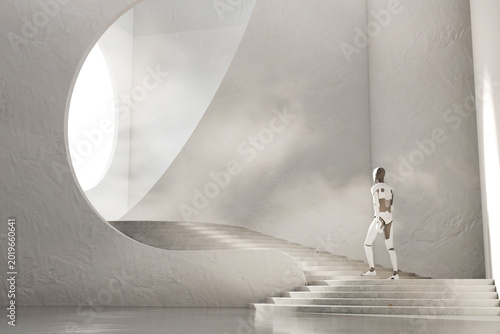 3D robot liminal staircase in sculptural hall with circular light