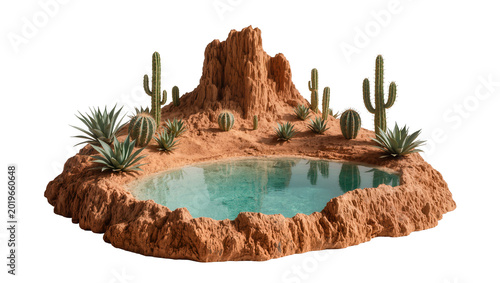 Konstfotografi Desert oasis with cacti and agave plants surrounding turquoise water, isolated o