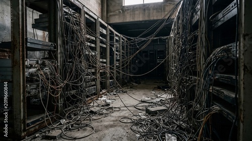 Abandoned server room with tangled wires and old equipment.