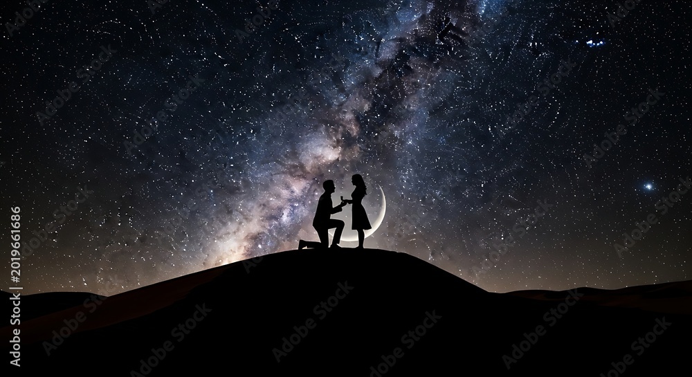 Fototapeta premium Couple silhouetted proposing under starry night sky with Milky Way