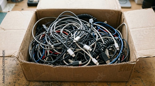 Cardboard box filled with tangled electronic cables and wires.