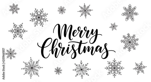 Merry christmas calligraphy with snowflakes design on white background