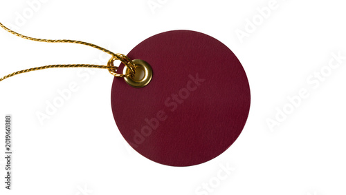 Принти на полотні Round burgundy tag with gold grommet and string, isolated on transparent backgro