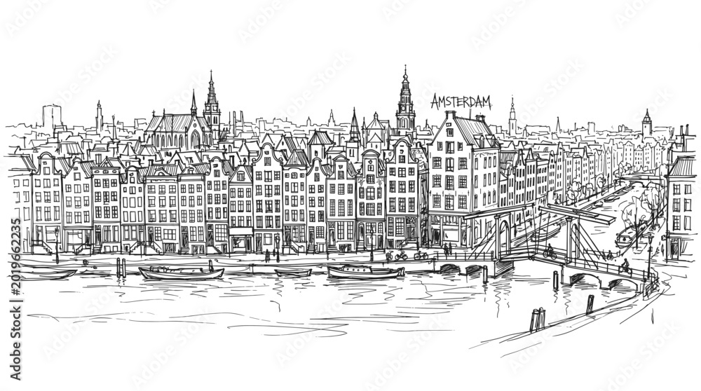 Fototapeta premium A detailed black and white sketch of the historic Amsterdam canal houses and cityscape, showcasing intricate architectural details and a bustling waterfront scene.