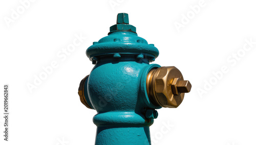 Teal fire hydrant with brass fittings, isolated on transparent background