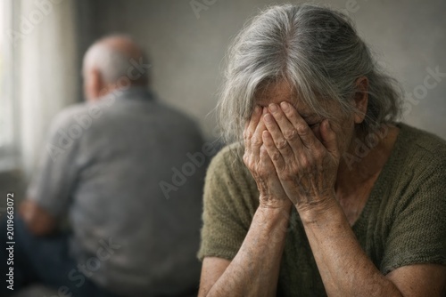 Elderly woman crying, hands covering face, expressing grief and emotional pain. Senior couple experiencing relationship problems, divorce, or loss. A poignant depiction of sadness and despair.