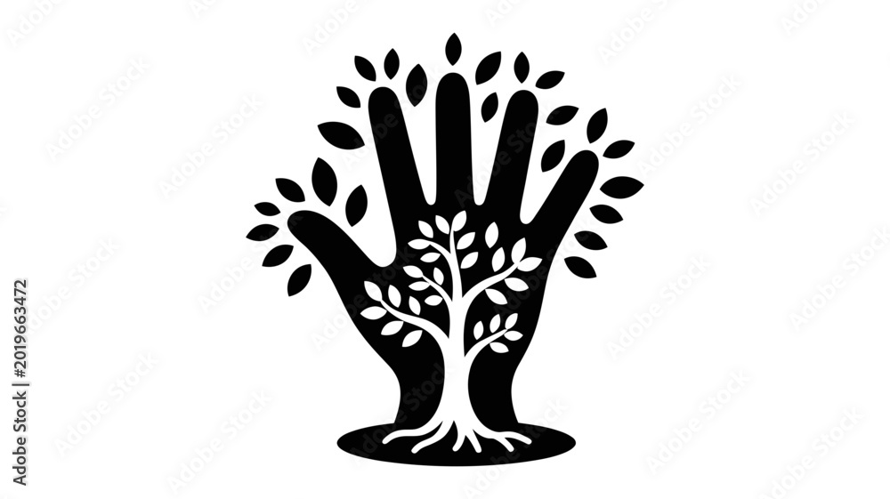 Fototapeta premium Symbol of hand with tree growing inside representing growth nature life development wellbeing environment