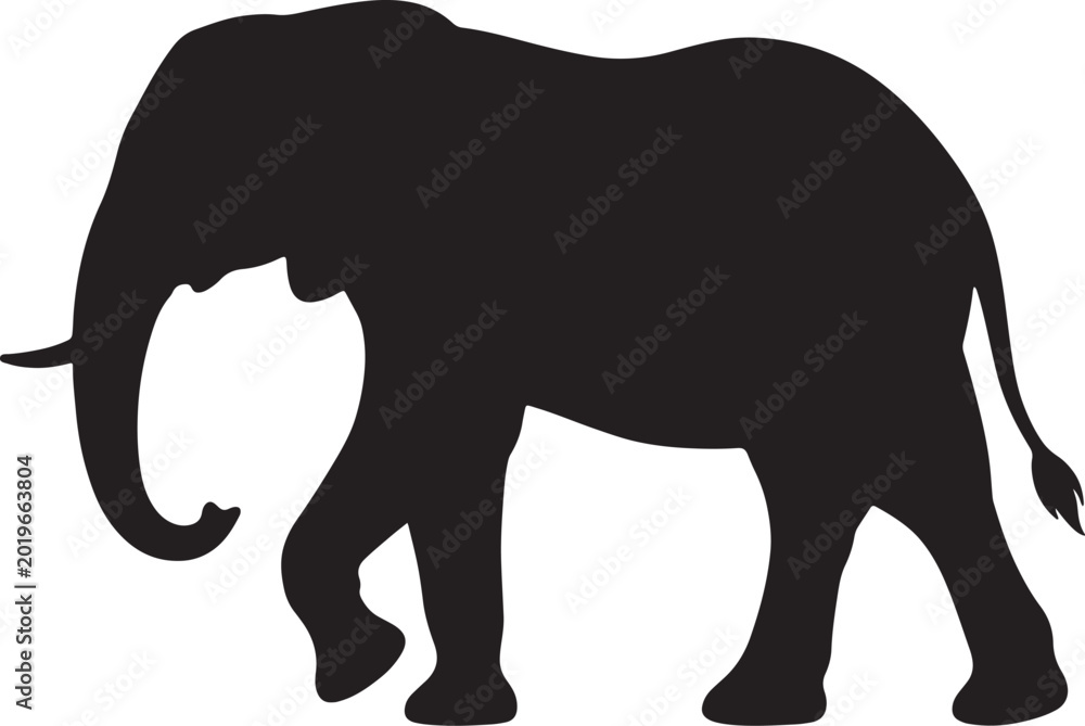 Fototapeta premium Black silhouette of an elephant walking to the left with animal print, elephant