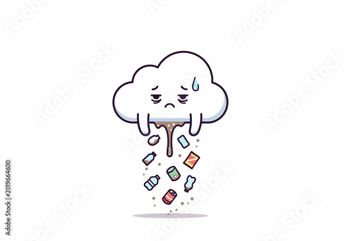 Sad Cartoon Cloud Raining Plastic Trash and Waste Concept