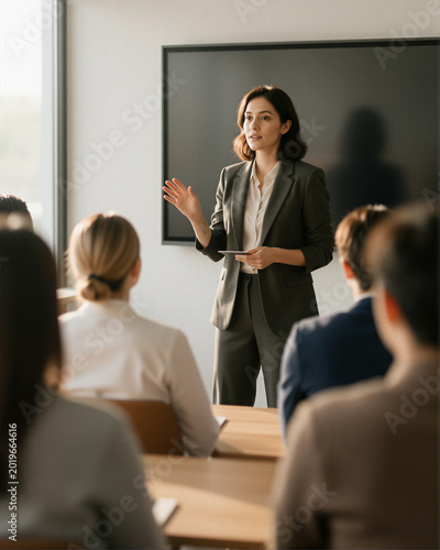 Professional woman presenting in a modern office setting