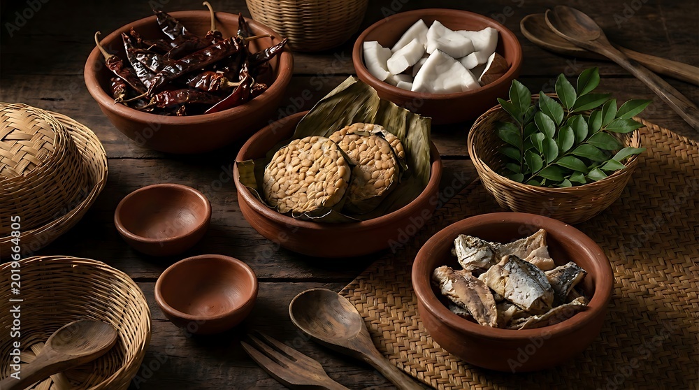 Fototapeta premium Hyper Regional Indian Spice and Fermentation Still Life with Smoked Chilies and Fermented Soybeans