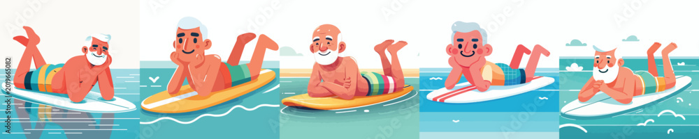 Obraz premium vector of a grandpa lying face down on a surfboard in the blue sea