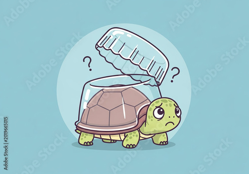 Sad Cartoon Turtle Trapped in Plastic Bottle for Pollution Concept