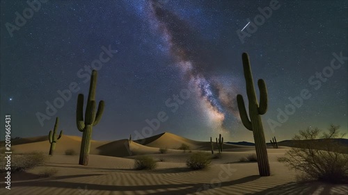 A breathtaking night sky over a desert landscape with saguaro cacti and sand dunes, revealing the Milky Way.