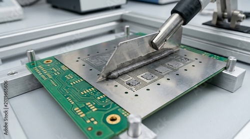 Industrial stencil printing process for electronic circuit board assembly.