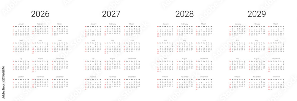 Fototapeta premium English 2026, 2027, 2028, 2029 calendar start from Sunday. Vector illustration design template for USA, Canada.