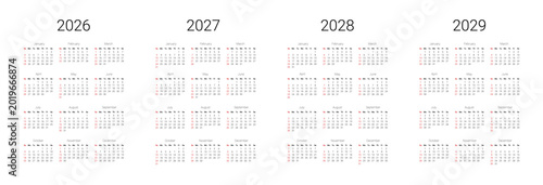 English 2026, 2027, 2028, 2029 calendar start from Sunday. Vector illustration design template for USA, Canada.