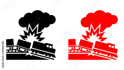 Tableau sur toile Train crash and explosion vector icons in black and red