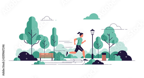 Εκτύπωση καμβά Young woman jogging in a public park flat vector illustration.