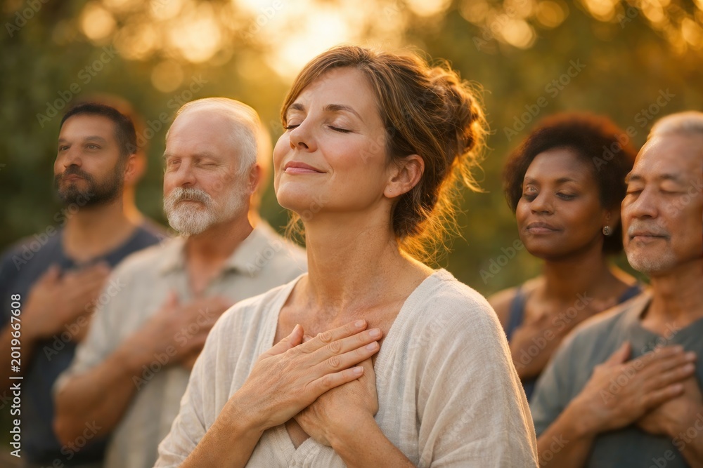 Obraz premium Mindful group meditation, diverse people practicing gratitude and inner peace outdoors. Serene wellness retreat, spiritual connection, and emotional balance.