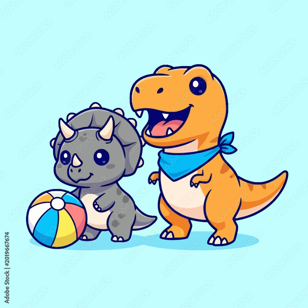 Obraz premium Cute Cartoon Dinosaurs Playing with a Colorful Beach Ball.