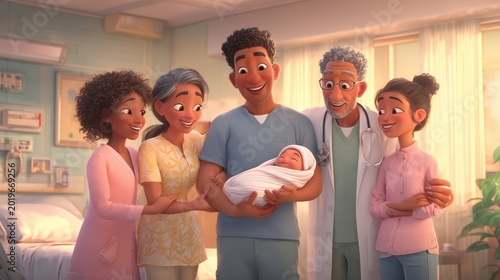 Black multigenerational family welcoming newborn baby, peaceful happiness, natural hand gestures, bright hospital room, realistic skin tones, accurate anatomy