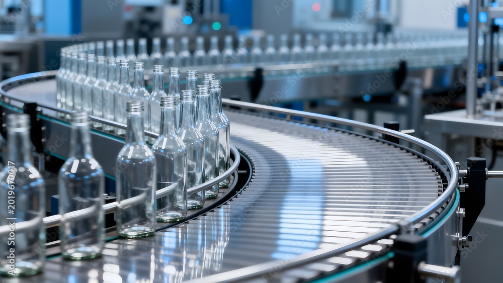 Obraz premium Empty glass bottles on conveyor belt