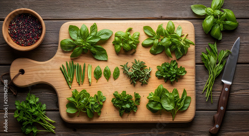 Variety of fresh herbs on wooden cutting board illustration