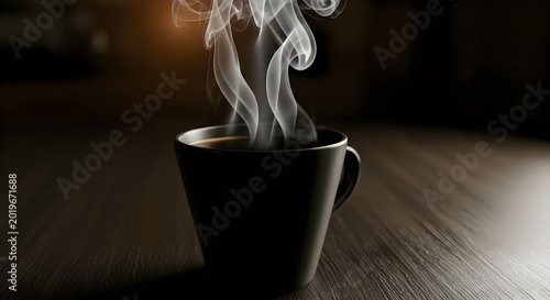 Steaming hot black coffee cup on wooden table illustration