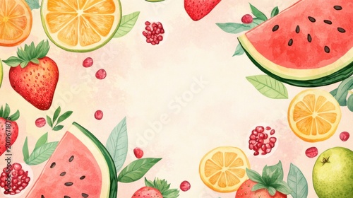 Watercolor fruit slices border, vibrant colors, healthy food, background design, illustration