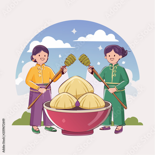 Two people preparing food with traditional tools