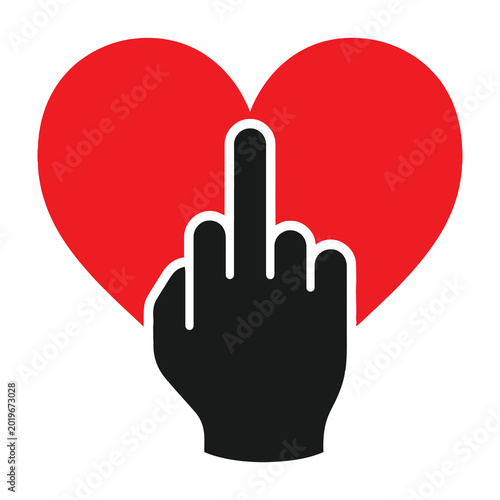 Foto Hand giving the finger in front of a heart symbol, rude gesture of love and hate