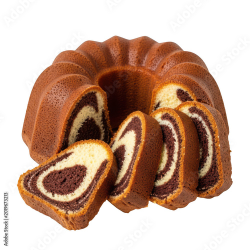 Marble bundt cake with sliced pieces isolated on a transparent background