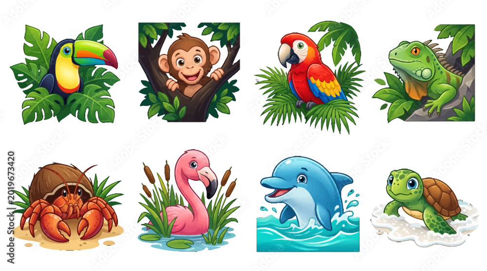 Obraz premium Set of Cute Cartoon Tropical Animal Icons Featuring Toucan Monkey Parrot Iguana Hermit Crab Flamingo Dolphin and Sea Turtle