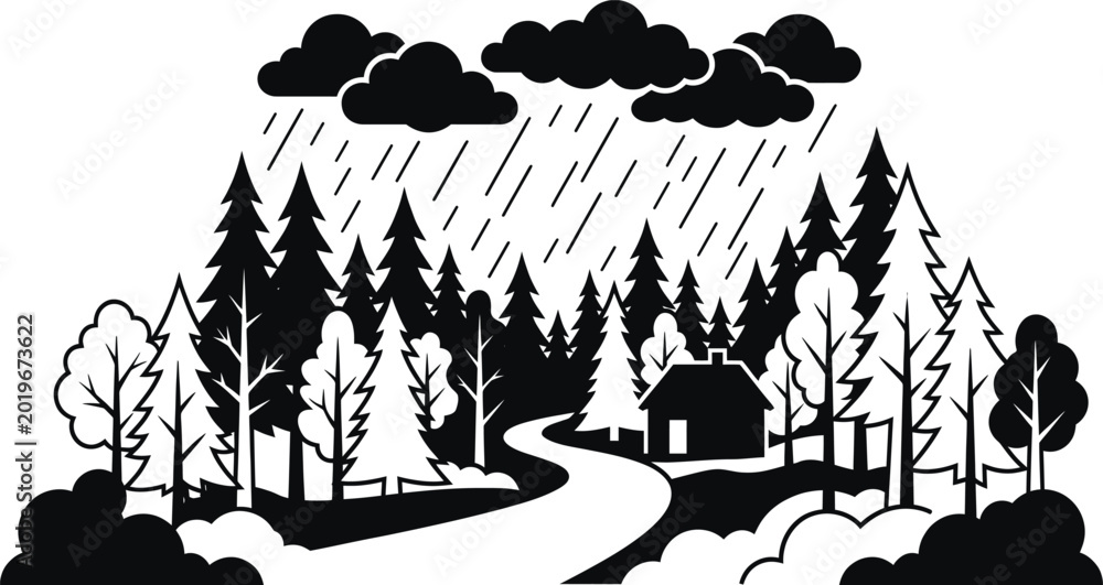 Obraz premium Black and white illustration of house on rainy road in forest Vector