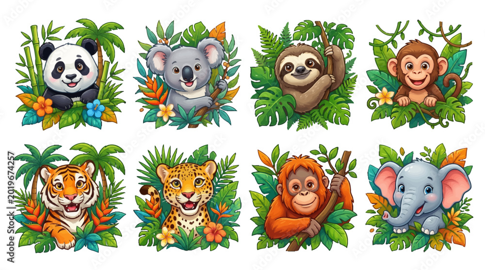 Obraz premium Set of cute cartoon jungle animal icons with panda koala sloth monkey tiger leopard orangutan and elephant peeking through tropical leaves