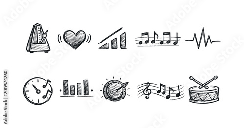 Collection of hand-drawn music and rhythm icons in a simple sketch style